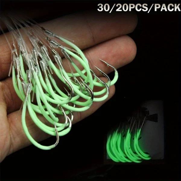 20 and 30pcs Night Fishing Hook Glow In Dark String Hooks 1624 Luminous Crank Nake Single Fishhook For  Freshwater  Saltwater